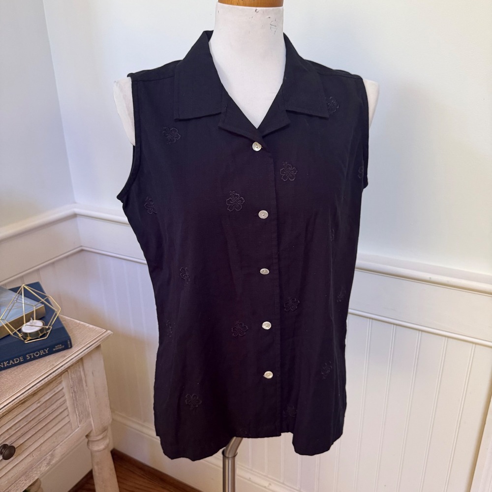 OP Sport Womens Black Sleeveless Embroidered Floral Camp Button Down Shirt M